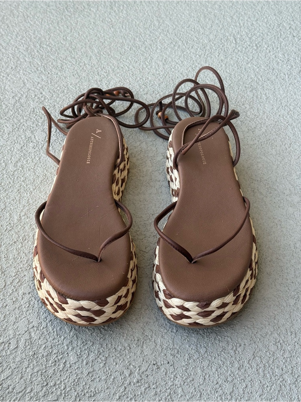 Anthropologie Platform Woven Raffia & Leather Lace Up Sandals Sz 40 US 9.5 Brown - Picture 10 of 14